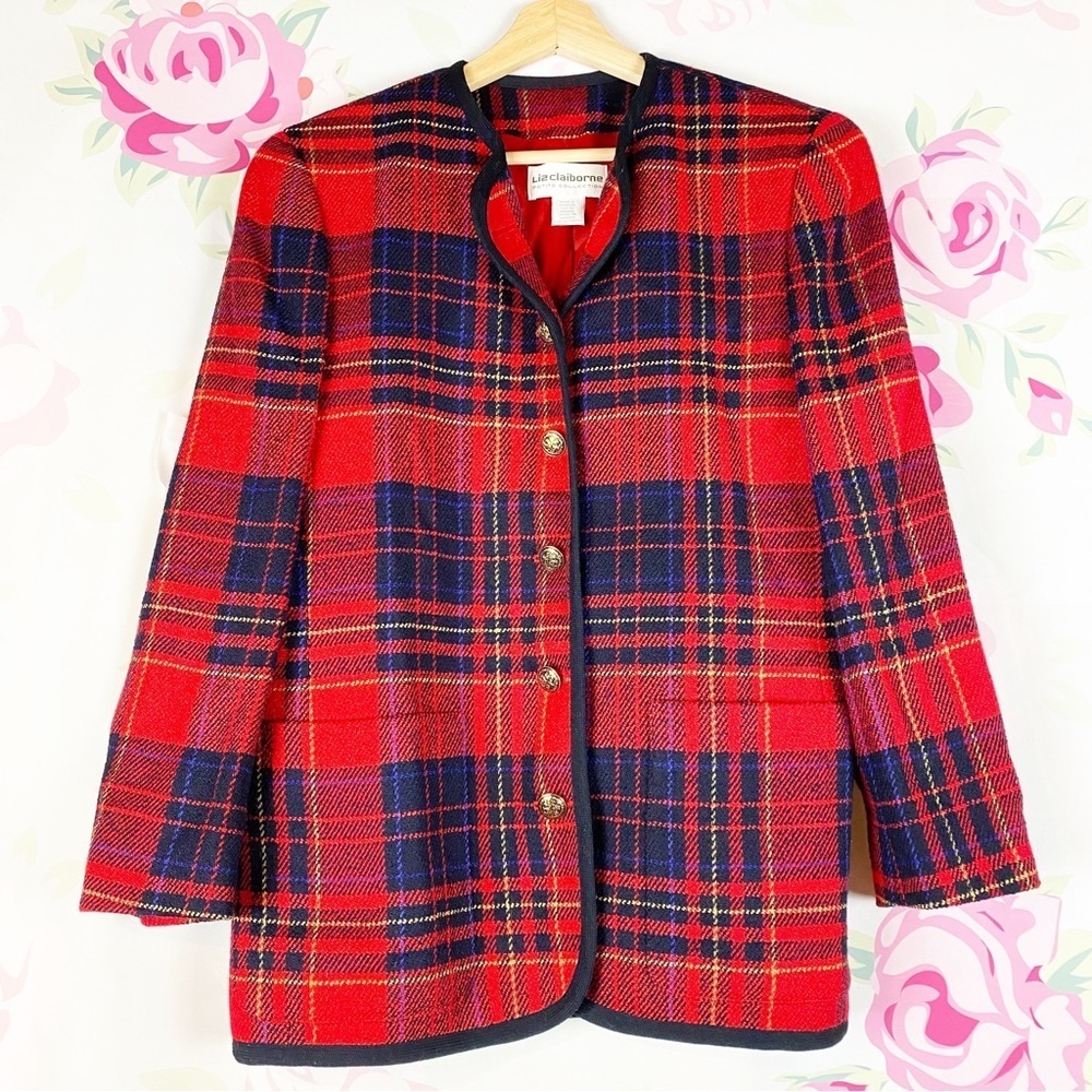 Vintage Style Liz Claiborne Red Checkered Plaid Wool Blend Blazer Jacket 10P